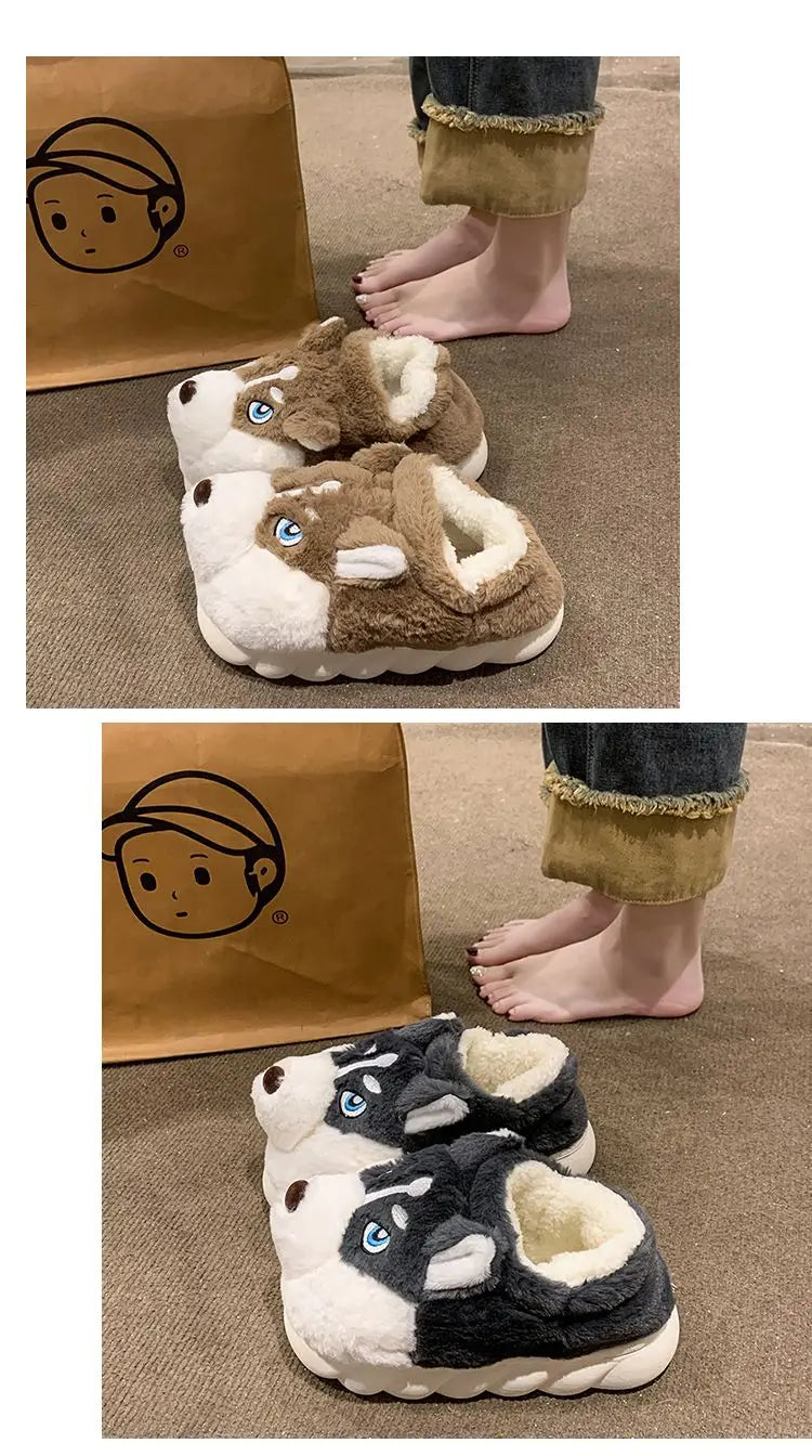 Winter Home Couple Shoes Women's Fluffy Dog Slippers Girl Animal Fur Slides Kawaii Funny Furry Shoes Woman Plush Booties Slipper