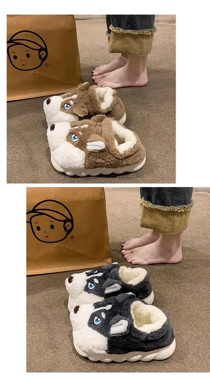 Winter Home Couple Shoes Women's Fluffy Dog Slippers Girl Animal Fur Slides Kawaii Funny Furry Shoes Woman Plush Booties Slipper