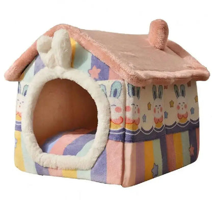 Cute Luxury Cat Villa Cat Bed Winter Warmth Fully Enclosed Removable Cushion Pillow Cat Tent Cat Dog Pet Nest Girl Pink PP Cotto