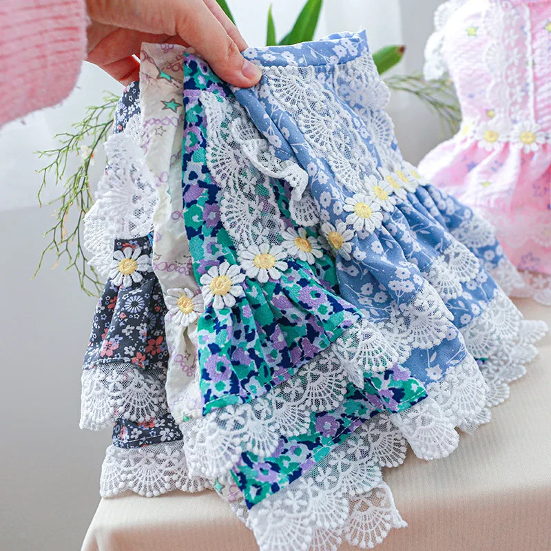 Floral Summer Clothes for Small Dogs Short Sleeve Lace Pink Sphinx Cat Dresses Princess Party Wear Breathable Pet Clothing