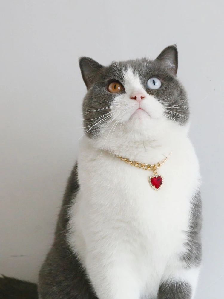Luxury Dog Cat Necklace Jewelry with Heart Diamond Pendant Design Gold Chain Collar Pet Wedding Birthday Costume Accessories