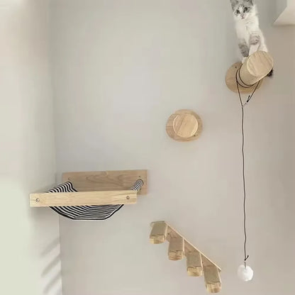 Solid Wood Wall-mounted Cat Climbing Frame Set with Cat Sleeping Nest Cat Tree and Wall Hanging Climbing Column for Kitten