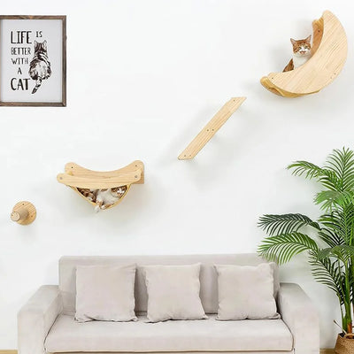 1Pc Wall Mounted Cat Hammock Ladder and Platform Moon Shaped Wooden Climbing Shelf Cats Furniture for Kitty Playing and Sleeping