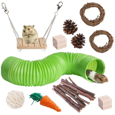 11Pcs Combination Hamsters Rabbit Toys Tunnel Set Toy Hamster Toys Set Pet Rabbit Guinea Pig Parrot Play Molar Wooden Supplies