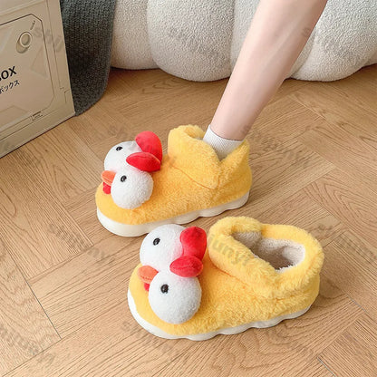 Women New Cute Cartoon Indoor Slippers Female Funny Yellow Chicken Winter Warm Fluffy Shoes Couples Home Floor Cotton Slippers