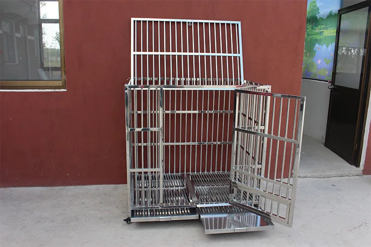 Dog cage, stainless steel square tube  Large bold  Folding square tube metal dog cage with tray Enough cage