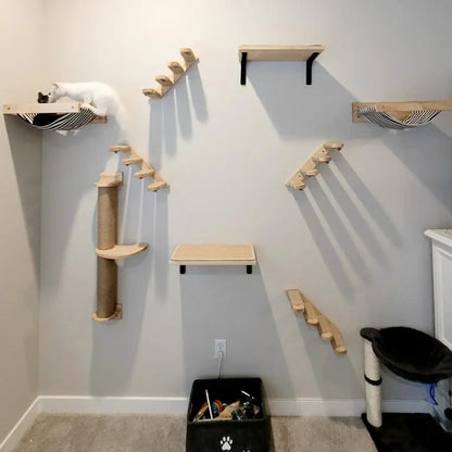Cat Tree Wall Mounted Cat Climbing Shelves Cat Hammock and Cat Bridge with Ladder or Scratching Post for Cats Playing and Perch
