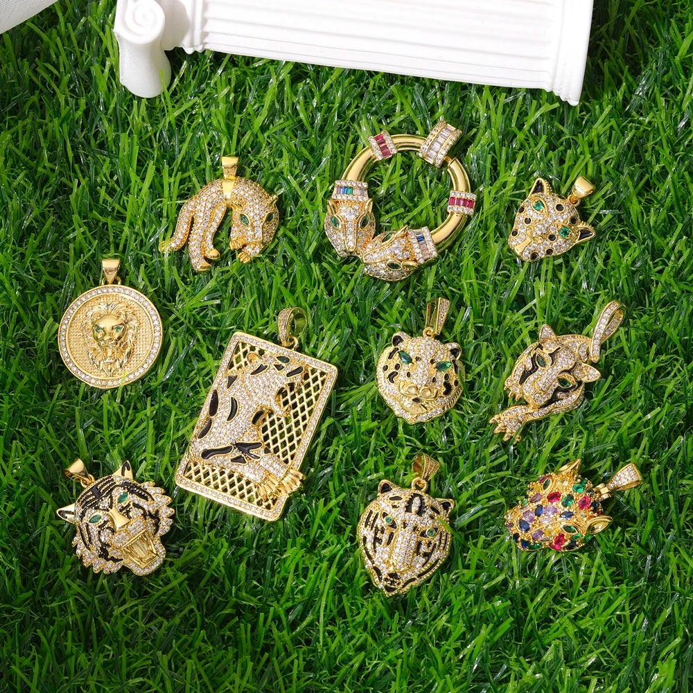 Juya 18K Real Gold Plated Cubic Zircon Bear Lion Bird Tiger Panther Head Leopard Charms For DIY Pendant Necklace Bracelet Making