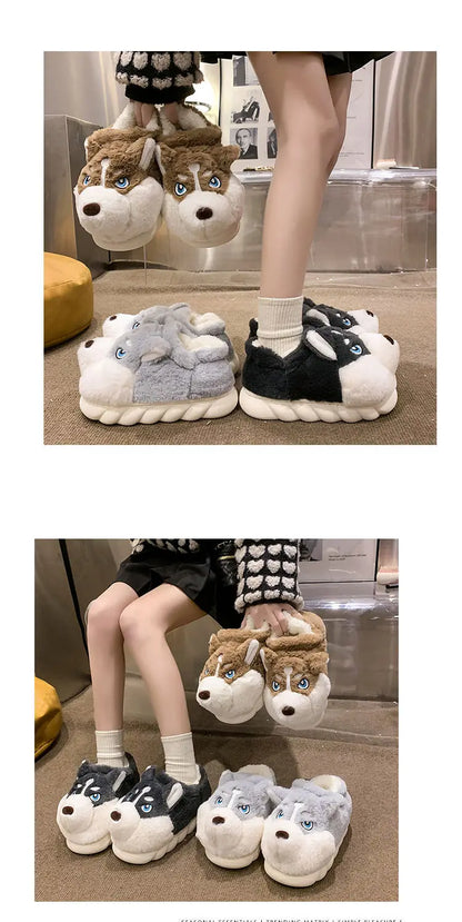 Winter Home Couple Shoes Women's Fluffy Dog Slippers Girl Animal Fur Slides Kawaii Funny Furry Shoes Woman Plush Booties Slipper