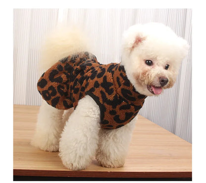 Leopard Dog Sweater Dress Fleece Puppy Dresses for Small Dogs Girl Cat Skirt Apparel Winter Warm Dog Clothes