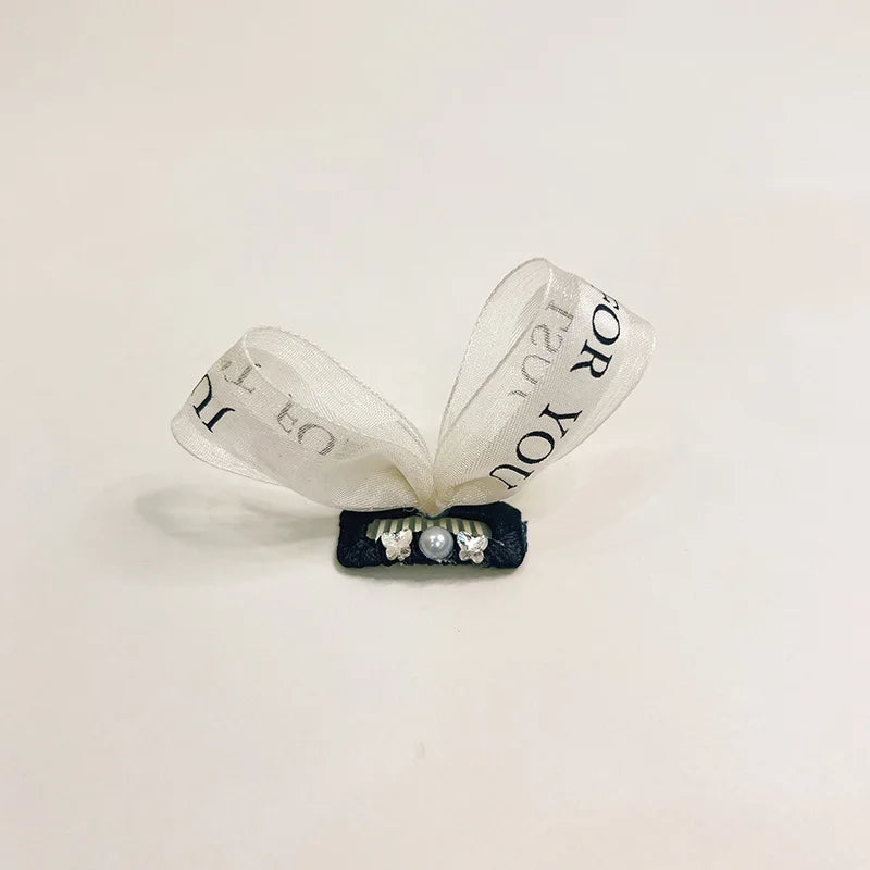 Lovely Pearl Pet Head Wear Black and White Ribbon York Dog Neck Collar Cat Hair Clip Dog BB Clips Teddy Bear Hair Accessories