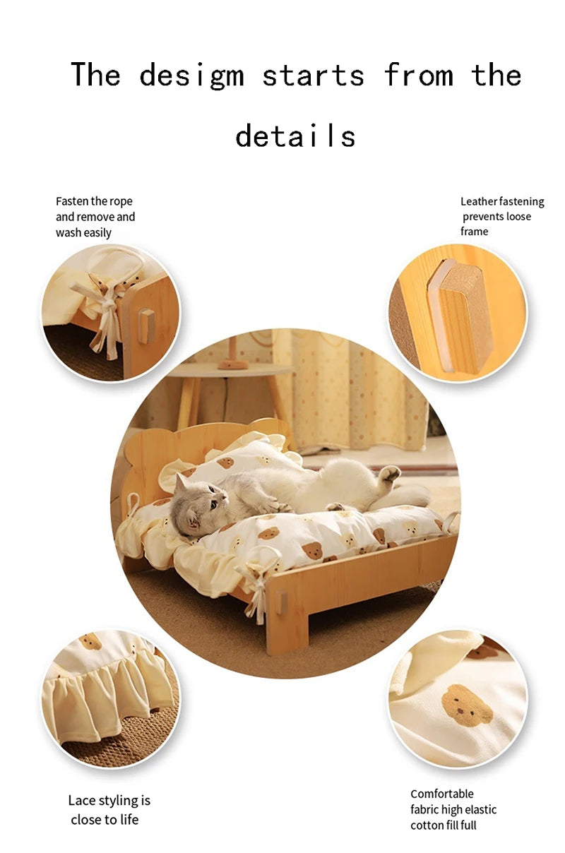 Cat Bed Wooden Cat And Dog Bed With Teddy Bear Pattern Indoor Pet Furniture Floor To Ceiling Bed(20*11inch)Comfortable Durable