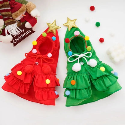 Pet Cat Dog Christmas Costumes Xmas Cloak with Stars and Pompons Christmas Cape Festive Pet Apparel Clothing for Small Dogs Cats