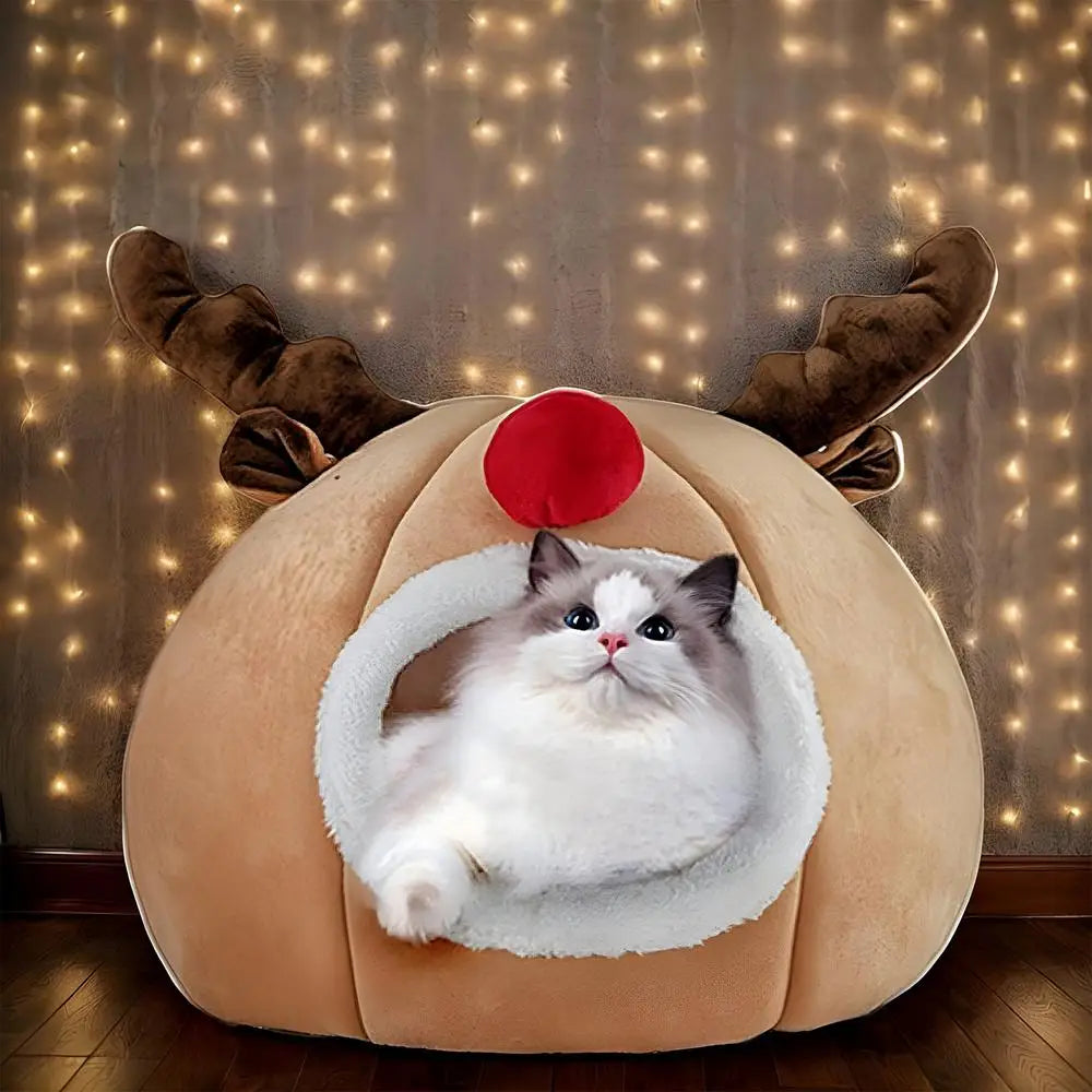 Christmas Winter Cat Cave Bed Dog Tent Christmas Reindeer Tent Washable Removable Cushion for Indoor Small Dogs And Cats