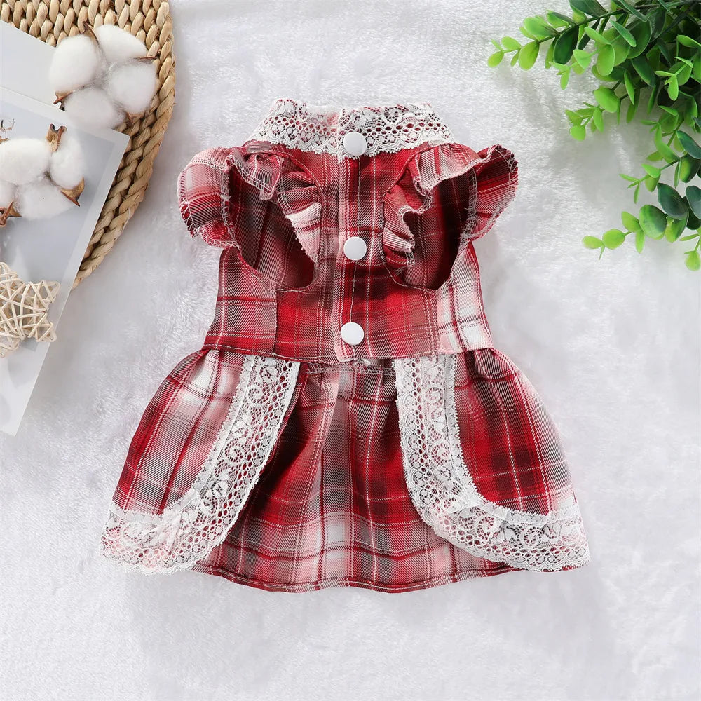 Plaid Dog Dress Bowtie Harness Dress for Small Dogs Cats Girl Cute Lace Trim Princess Dresses Spring Summer Puppy Rabbit Clothes