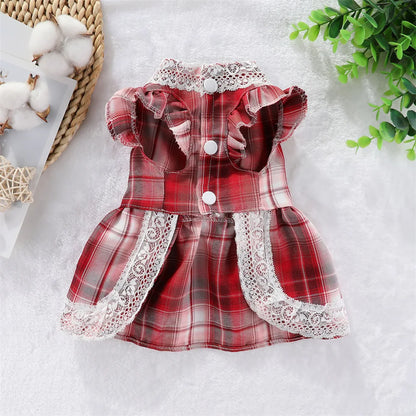 Plaid Dog Dress Bowtie Harness Dress for Small Dogs Cats Girl Cute Lace Trim Princess Dresses Spring Summer Puppy Rabbit Clothes