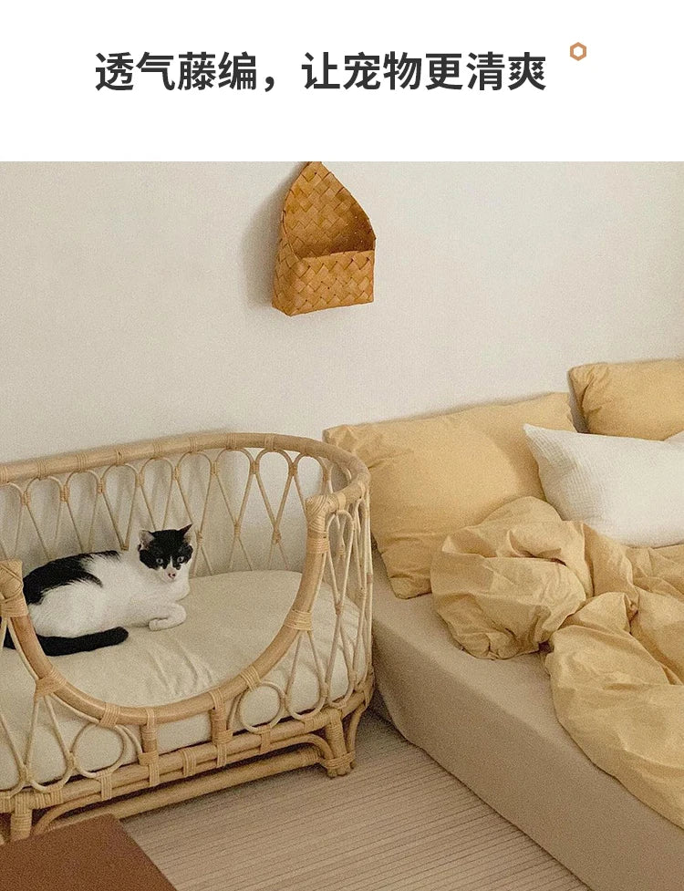 Japanese ins natural rattan dog cat pet bed teddy kennel princess bed summer removable cage