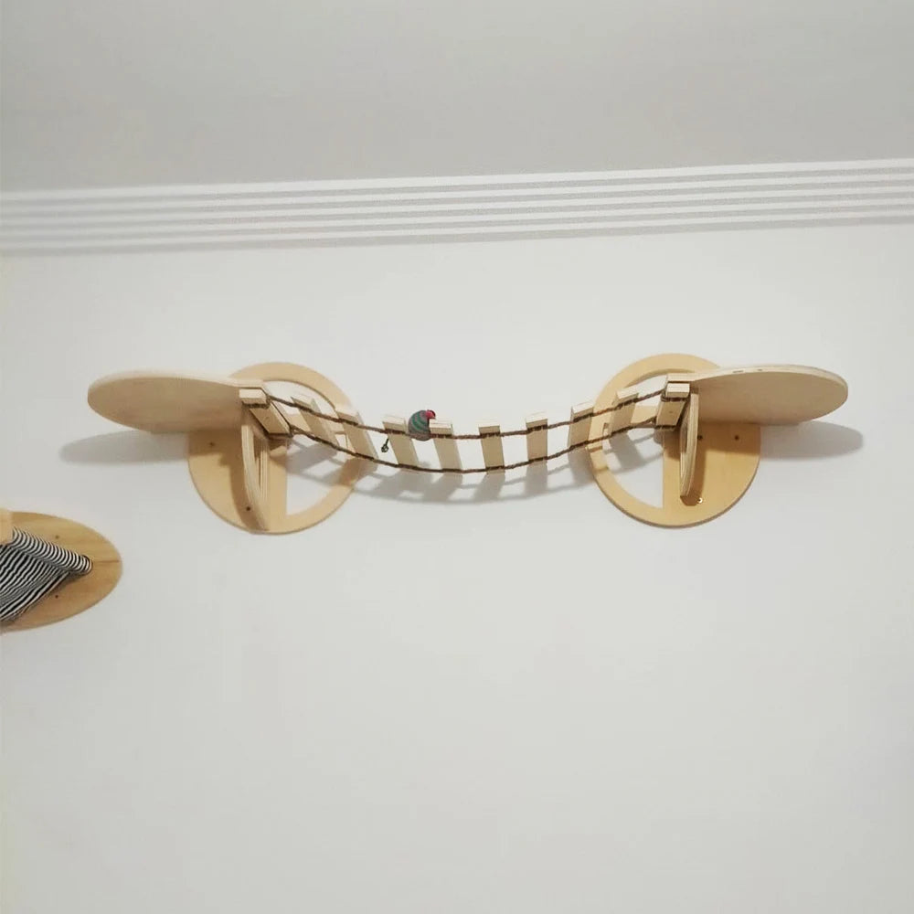 1 Piece Wall Mounted Wooden Cat House Cat Bridge Cat Hammock Hanging Bed with Jumping Platform for Kitten Perch and Rest