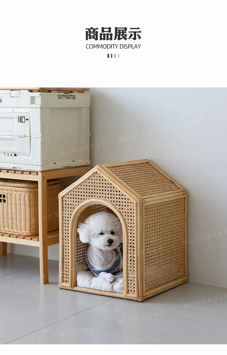 House Pet Bed Roof Kennel Rattan Cat Cat Bed Kitten Puppy Handmade Rattan Bed ins Korean Natural Rattan