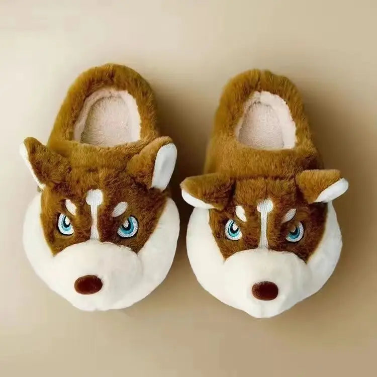 Winter Home Couple Shoes Women's Fluffy Dog Slippers Girl Animal Fur Slides Kawaii Funny Furry Shoes Woman Plush Booties Slipper
