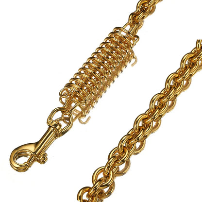 Stainless Steel Dog Chain Leash Cuban Link Luxury Gold Chain Buffer Spring Labor-Saving Genuine Leather Handle for Large Dogs