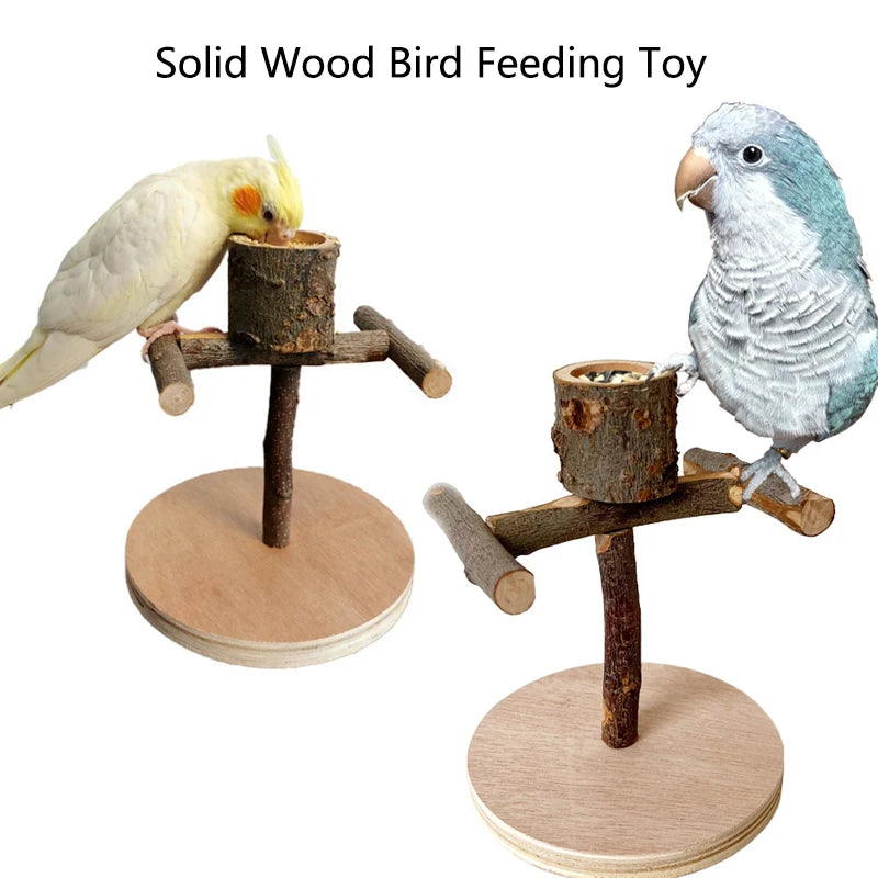 Natural Wood Toy Pet Parrot Raw Wood Stand With wooden feeding bowl Rack Squirrel Bird Hamster Branch Perches Chew Bite Toys