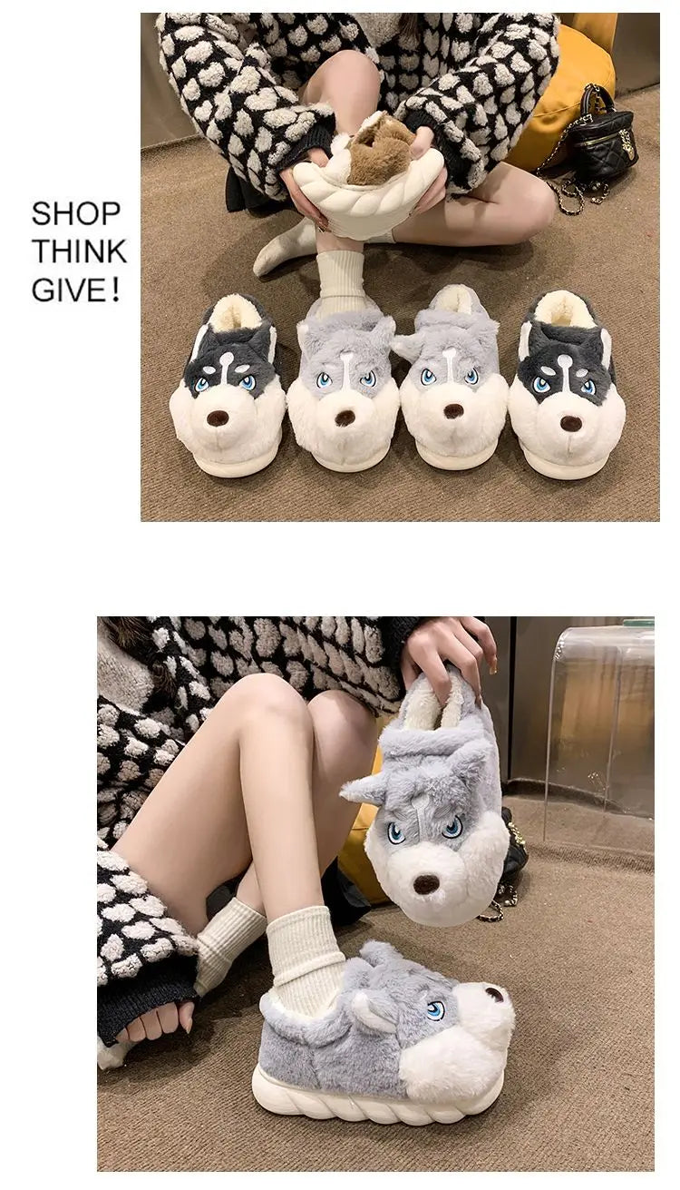 Winter Home Couple Shoes Women's Fluffy Dog Slippers Girl Animal Fur Slides Kawaii Funny Furry Shoes Woman Plush Booties Slipper