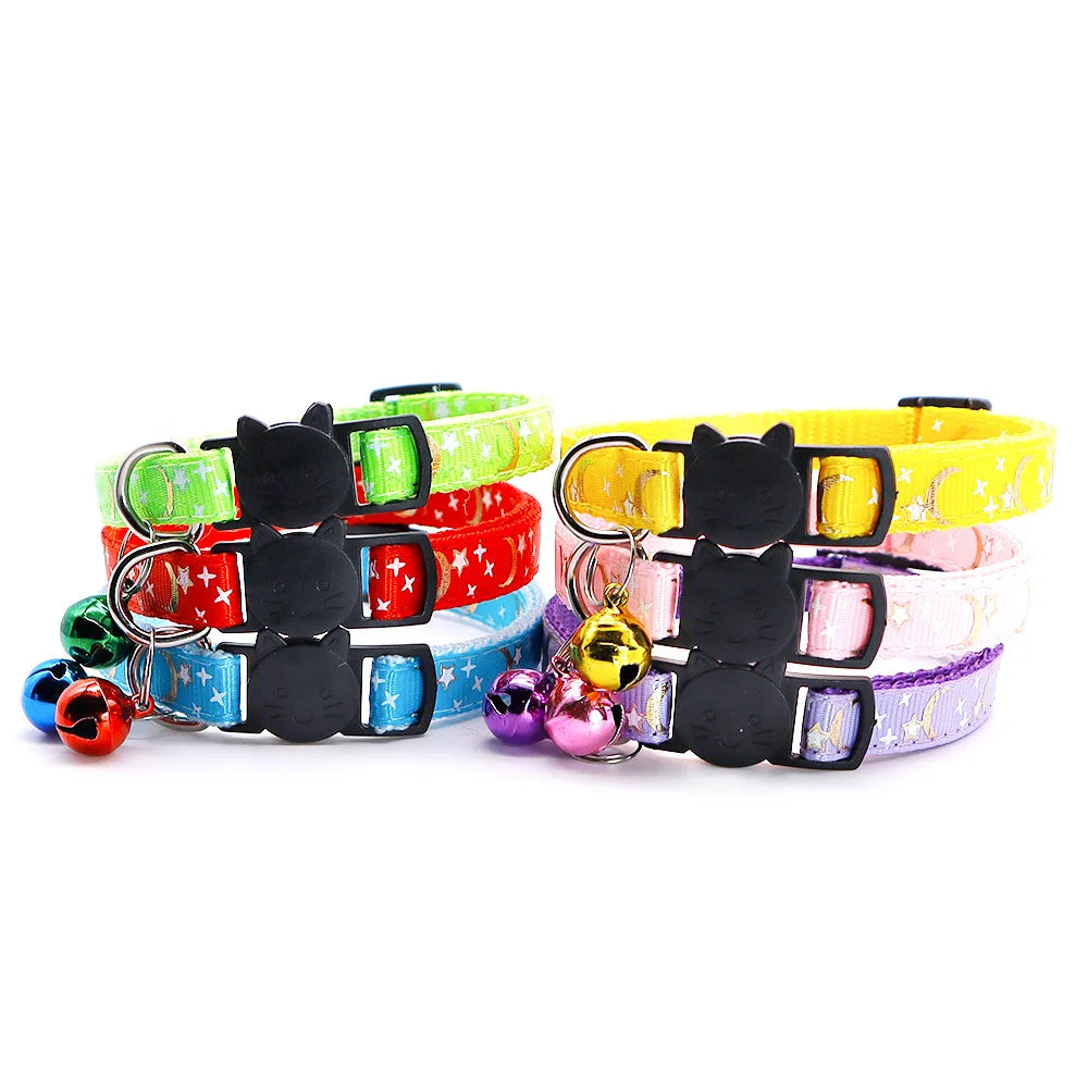 Gold Stars and Moon Cat Collar with Reflective Safety Buckle and Bell