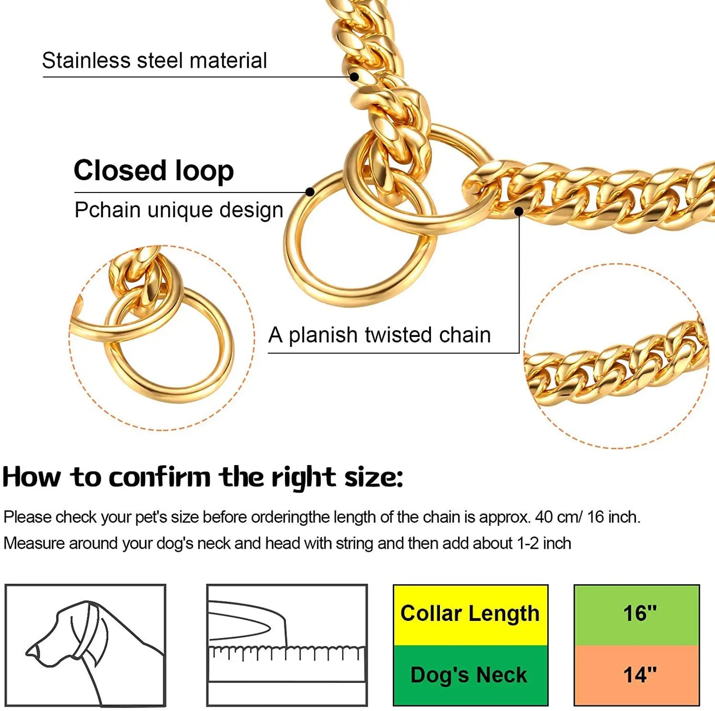 Stainless Steel Gold Dog Chain Collar 10MM Wide Metal Cuban Links For Small Medium dog Large Dogs Walking Training collar
