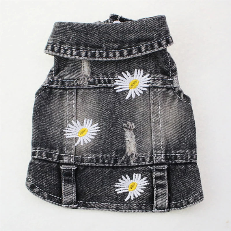 Daisy Embroidery Luxury Dog Clothes for Small Medium Dogs Vintage Washed Dog Jeans Jacket Pet Sleeveless Vest Denim Coat Outfits