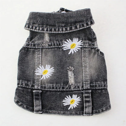 Daisy Embroidery Luxury Dog Clothes for Small Medium Dogs Vintage Washed Dog Jeans Jacket Pet Sleeveless Vest Denim Coat Outfits