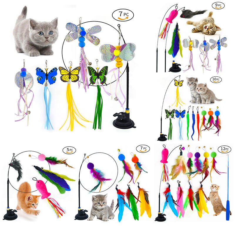 Interactive Cat Toy Handfree Cat Stick Playing Kitten Playing Teaser Wand Toy Suction Cup Bird/Feather Cat Wand Toys Set