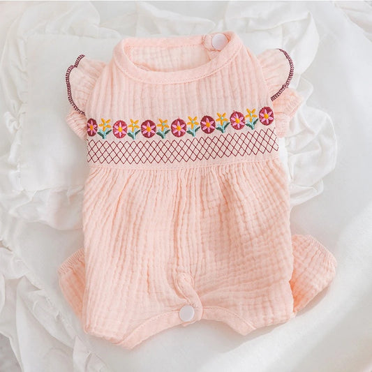 Embroidery Pink Floral Overalls for Dogs Spring Summer Protective Pet Cat T Shirt Female Pure Cotton Chihuahua Small Dog Clothes