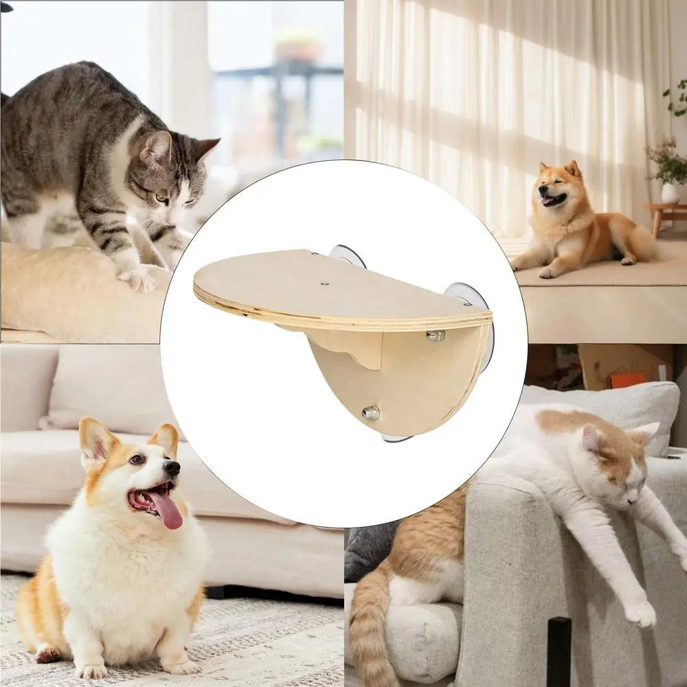 Cat Window Perch 2-In-1 Cordless Cat Hammock Kitten Window Seat With 3 Suction Cups Wooden Wall Mounted Cat Climber Pet Step