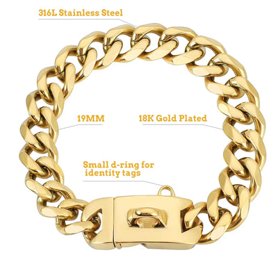 19MM Chew Proof Gold Dog Chain Collar Stainless Steel  Collars with Solid Buckle Pet Chains for Large Dogs