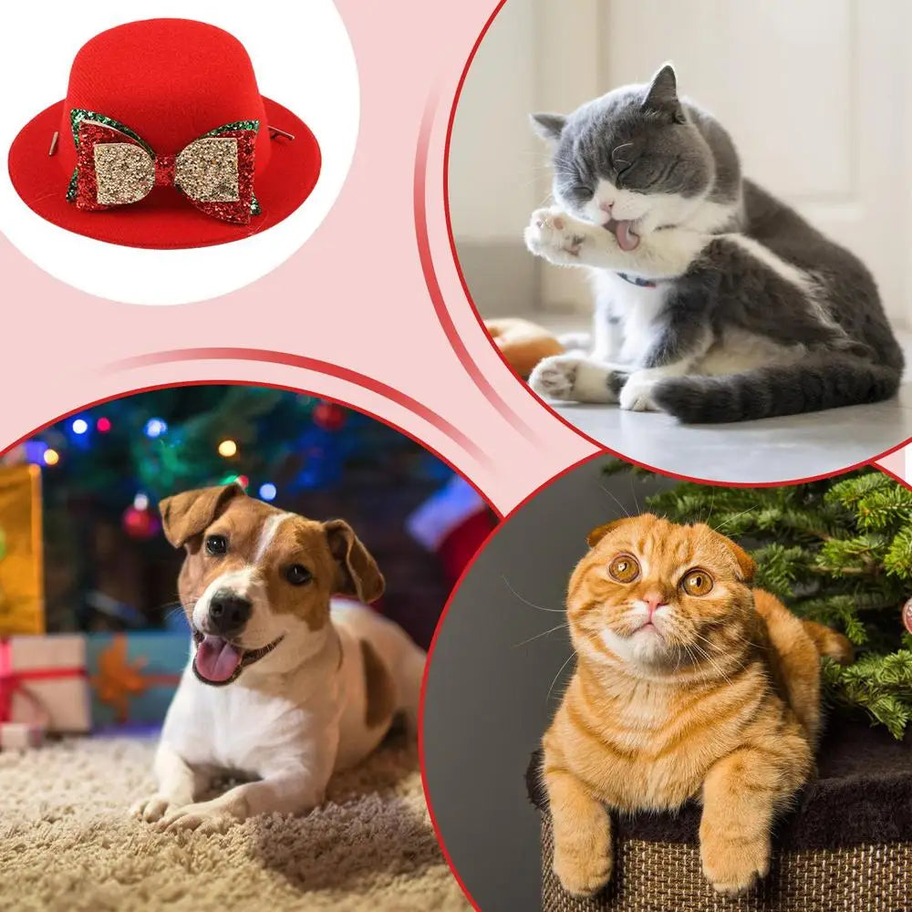 Red Pet Hats For Christmas Dog Hats Bow Tie Christmas Deer Pattern Pet Hats Soft Cute Christmas Ornaments Adjustable Pet Costume