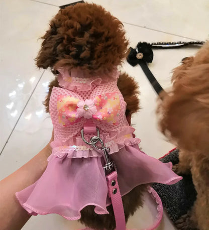 Dog Bow Dress Harness Leash Set for Small Medium Dogs Breathable Mesh Pet Tulle Skirt with Sequins Luxury Design Dog Clothes
