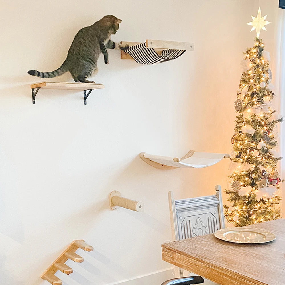 Wall-Mounted Cat Climbing Shelves Toy Wooden Sisal Ladder Climbing Cat Perch Wooden Steps Scratching For Sleeping Pet Furniture