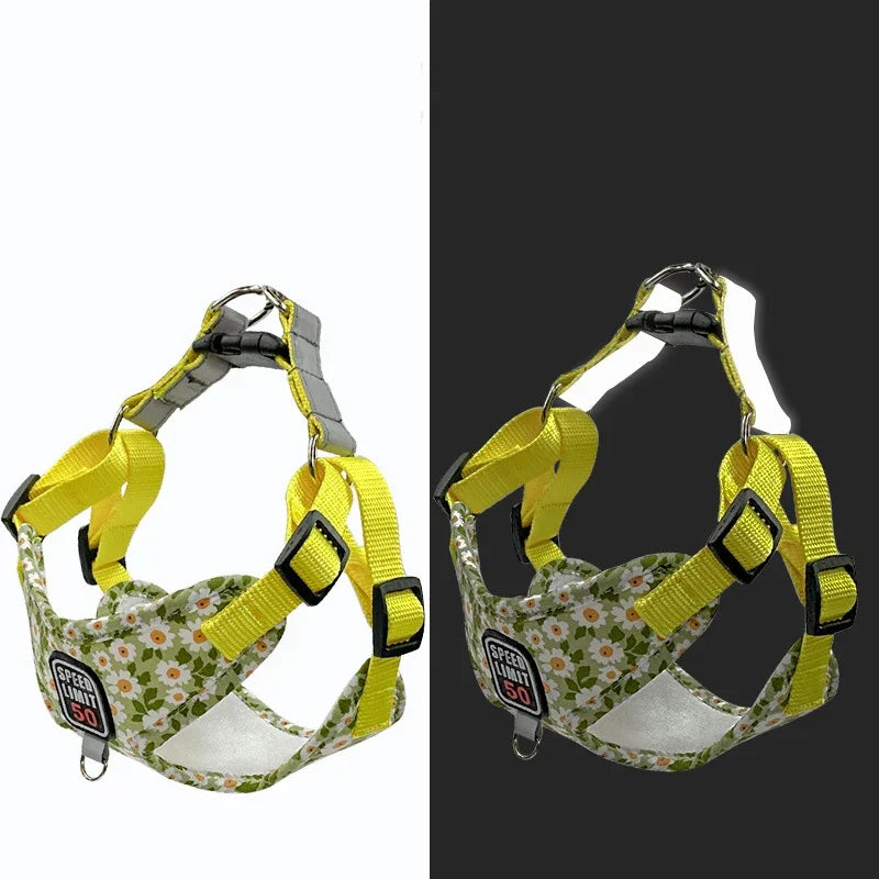 Floral Print Puppy Medium Dog Harnesses and Leash Set Reflective Pet Harness Vest for Small Dogs French Bulldog Shiba Inu Leads