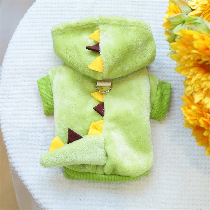 Autumn Winter Pet Dog Costumes Green Dinosaur Christmas Fleece Overalls Sweatshirts for Small Puppy Funny New Year Cat Clothing
