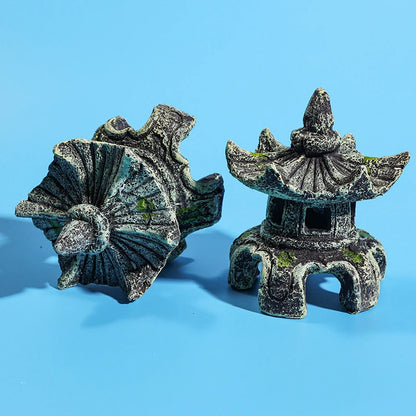 Resin Artificial Fish Tank Ancient Pavilion Decoration Aquarium Rock Cave Building Decoration Aquatic Landscaping Ornament Decor