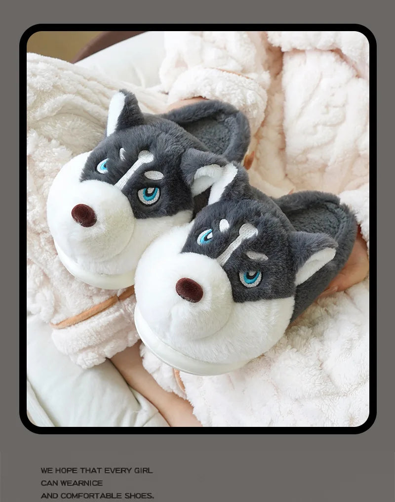 Winter Home Couple Shoes Women's Fluffy Dog Slippers Girl Animal Fur Slides Kawaii Funny Furry Shoes Woman Plush Booties Slipper