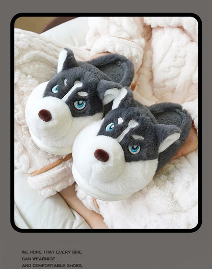 Winter Home Couple Shoes Women's Fluffy Dog Slippers Girl Animal Fur Slides Kawaii Funny Furry Shoes Woman Plush Booties Slipper