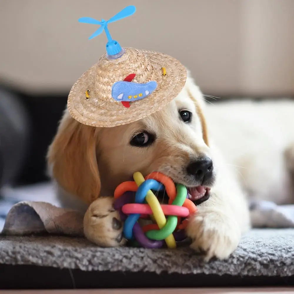 Hats for Cats Cute Woven Caps with Propeller for Dogs Puppy Sun Bucket Caps Small Dog Sombrero Hat Mexican Party Photo Prop