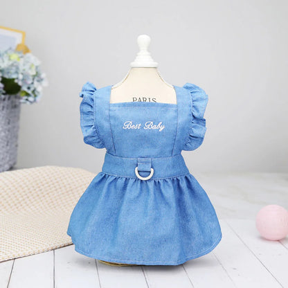 Dog Dress for Small Dogs Girl Clothes Dog Denim Dress Puppy Skirts Summer Pet Dress with Harness Hole for Small Medium Dogs Cats
