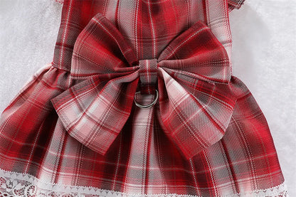 Plaid Dog Dress Bowtie Harness Dress for Small Dogs Cats Girl Cute Lace Trim Princess Dresses Spring Summer Puppy Rabbit Clothes