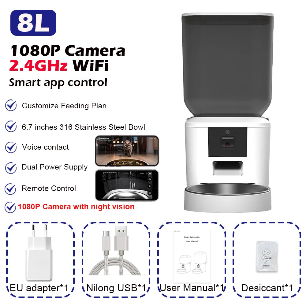 8L Automatic Cat Feeder With 1080p Camera Video WiFi Cat Food Dispenser Pet Smart Voice Recorder Remote Control Pet Auto Feeder