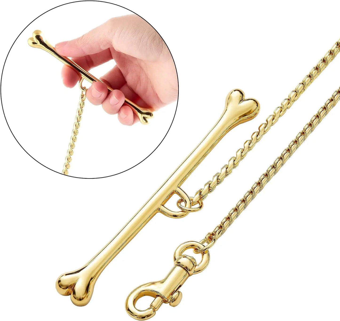 Stainless Steel Cuban Chain Dog Leash for Small Medium Large Dogs, 3ft Strong Chew Proof 18K Gold Dog Rope Chain with Bone Hand
