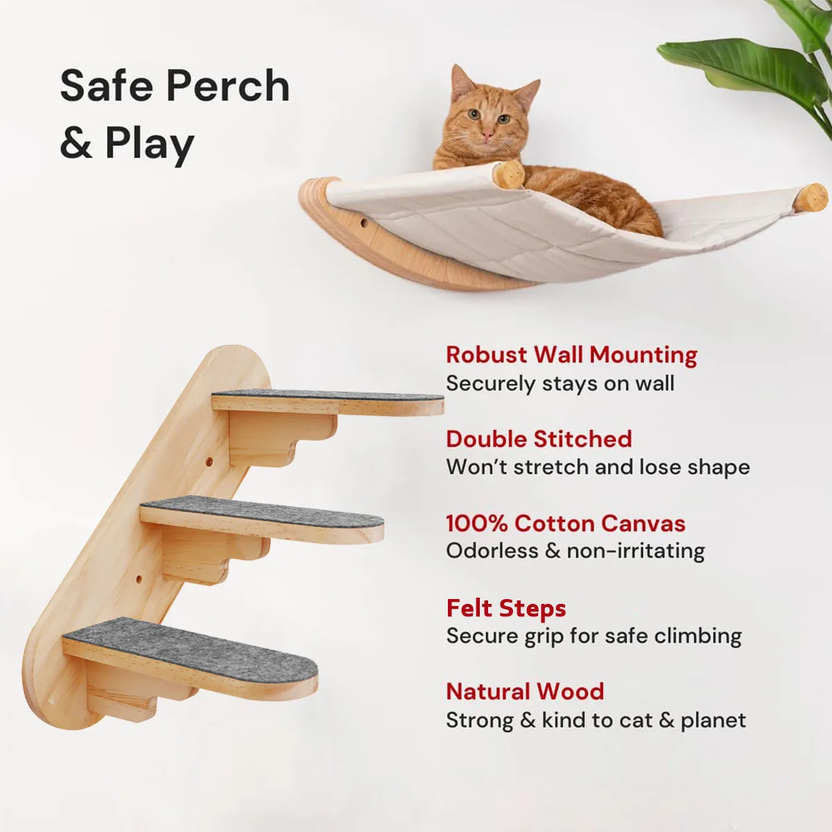 Wall Mounted Cat Shelves Wood Cat Lookout Climbing Shelf Kitten Wall Climbing Tree Furniture Four Step Stair Indoor Cat Hammock
