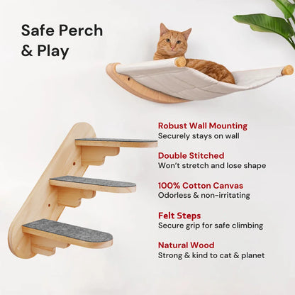 Wall Mounted Cat Shelves Wood Cat Lookout Climbing Shelf Kitten Wall Climbing Tree Furniture Four Step Stair Indoor Cat Hammock